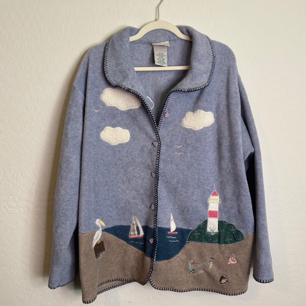 VTG Northern Reflections Womens Fleece Cardigan XL Blue Sailboat Gorpcore Cozy